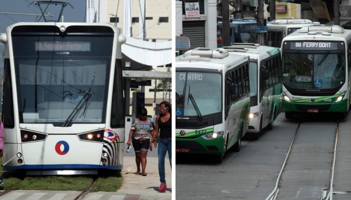 imagem mostra VLT e ônibus #paratodosverem 