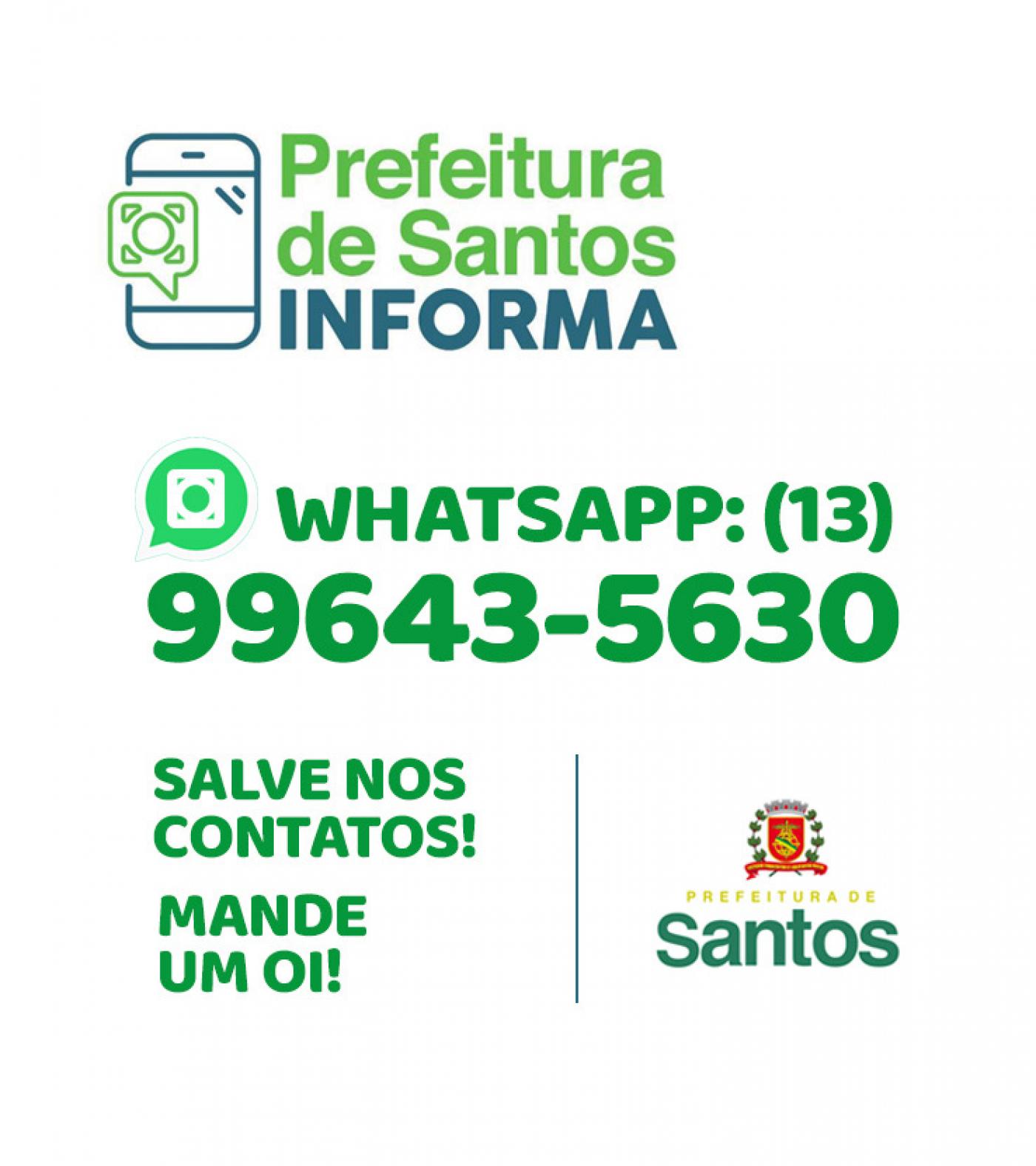 Card onde se lê Prefeitura de Santos Informa e o numero de whatsapp 996435630