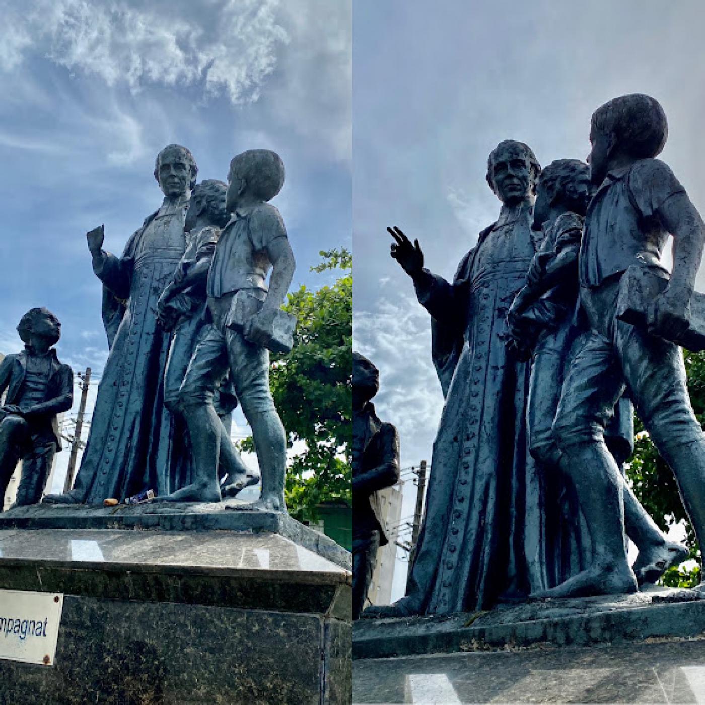 estátua com mão quebrada do lado esquerdo e a peça recuperada do lado direito. #paratodosverem