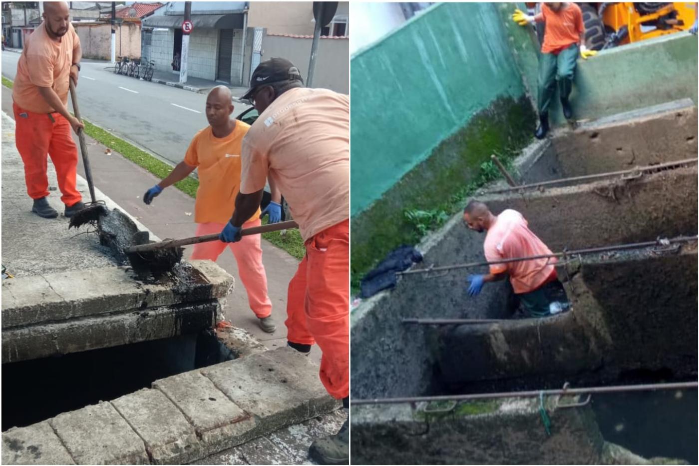 jogo de duas fotos com homens trabalhando em sistema de drenagem. #paratodosverem