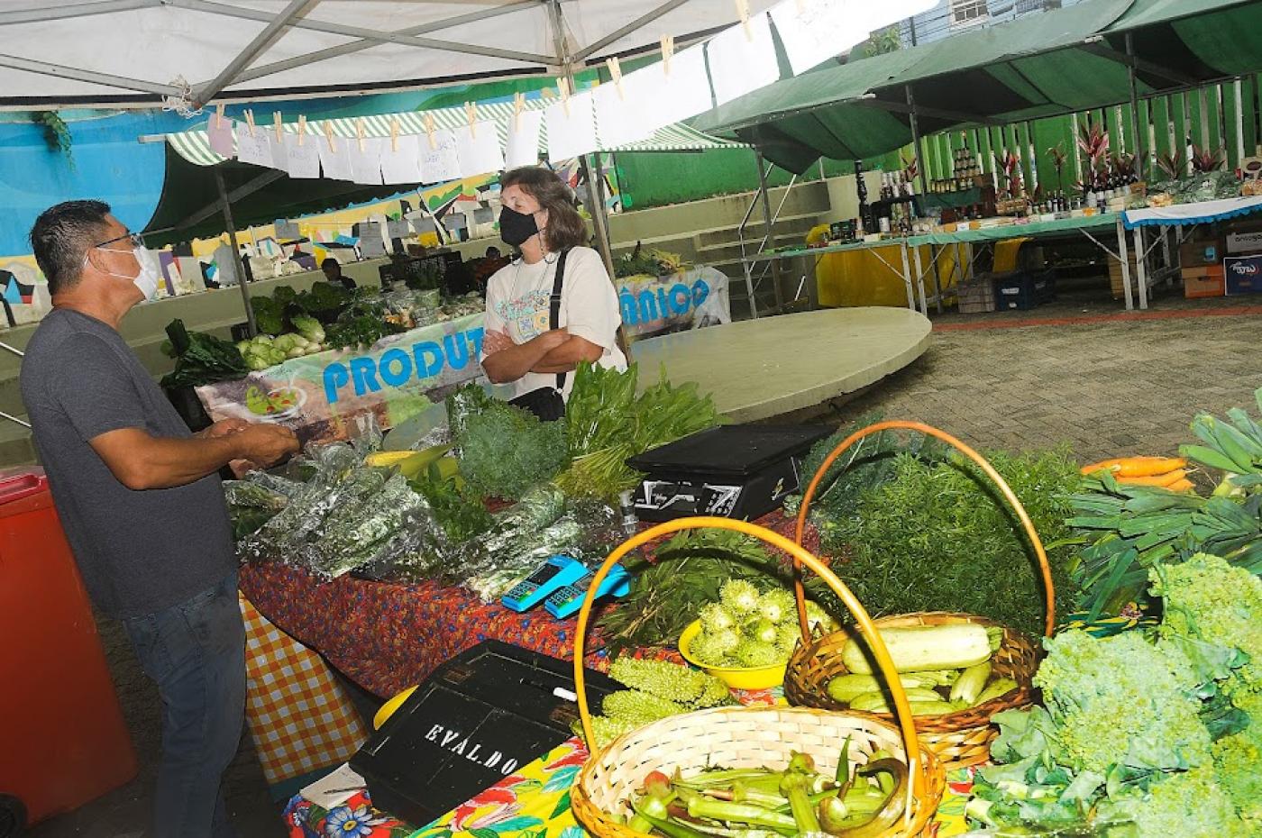 barraca de feira cheia de verduras e legumes expostos. Produtor, atrás da banca conversa com consumidora que está no espaço de circulação do público. #paratodosverem