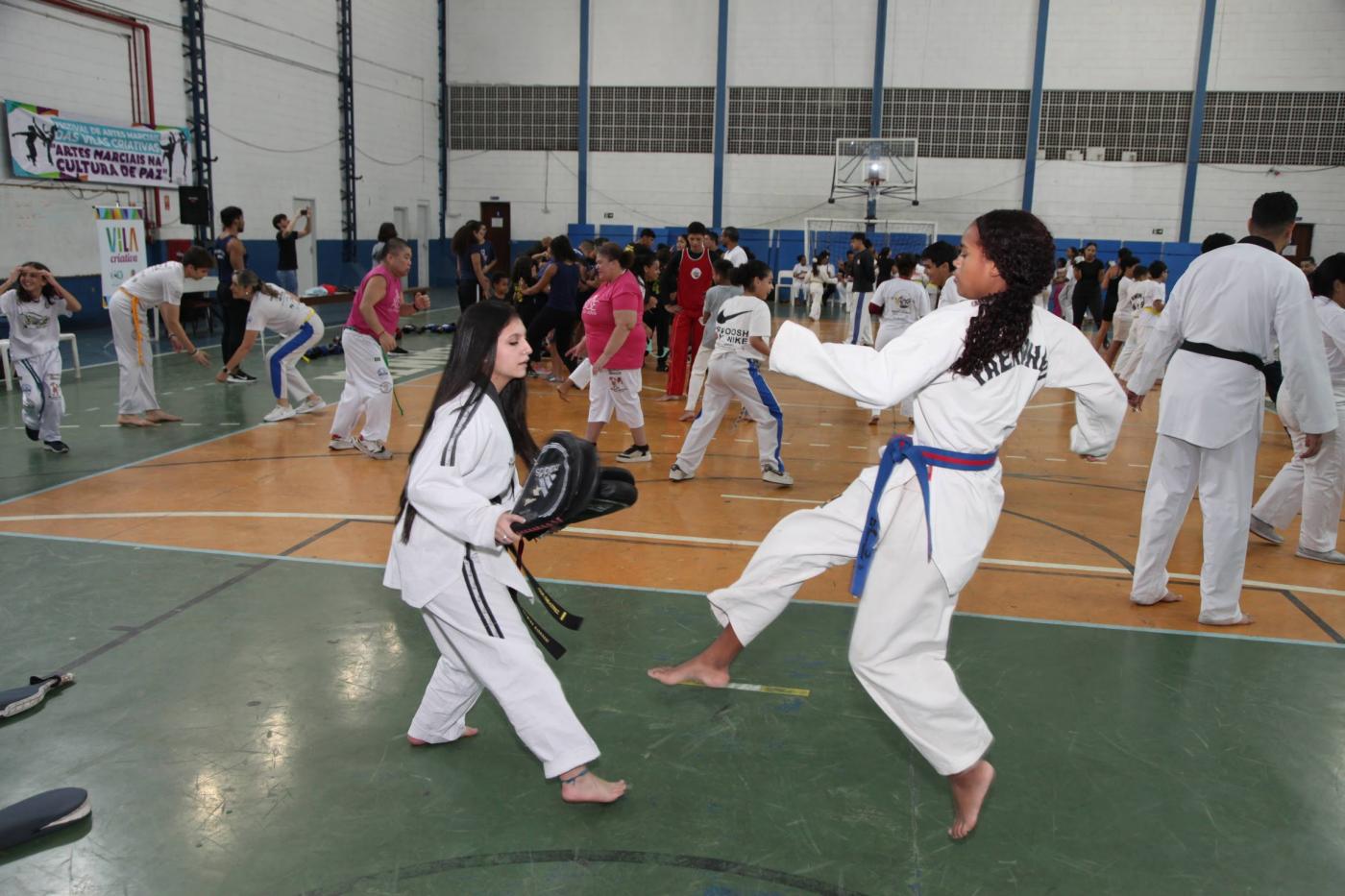 duas meninas em lance de luta com chutes. #paratodosverem