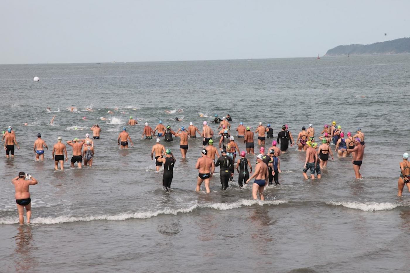 Nadadores entram no mar da Ponta da Praia. #paratodosverem