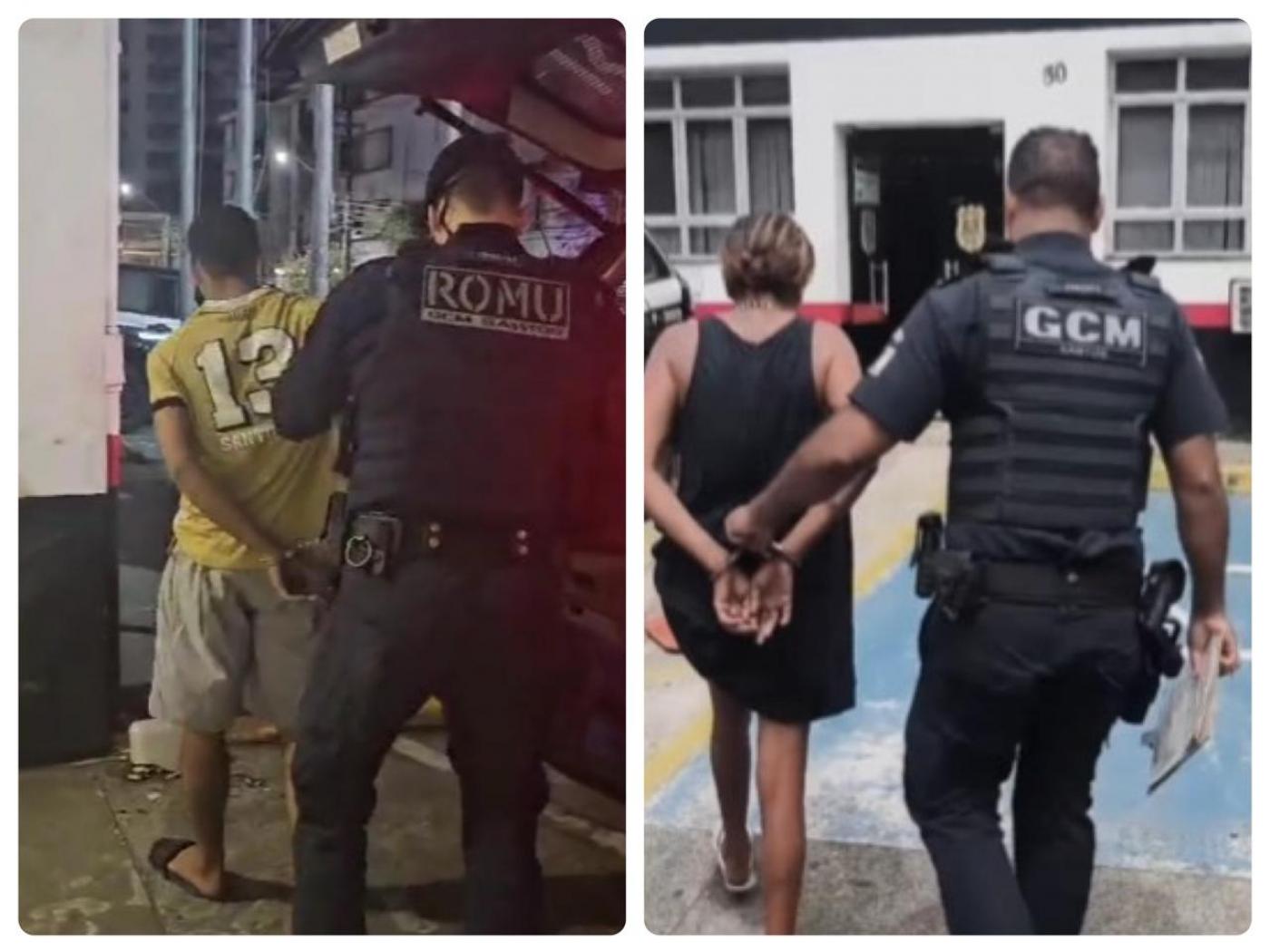 composição de duas fotos de guardas conduzindo foragidos. Todos aparecem de costas para a foto. #paratodosverem