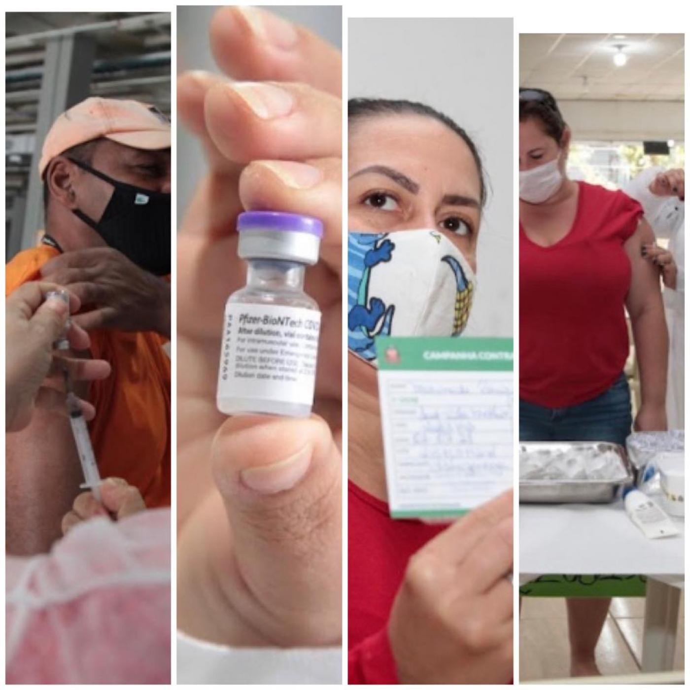 composição de quatro imagens. um homem sendo vacinado, um frasco de vacina, uma mulher mostrando o comprovante e uma mulher sendo vacinada