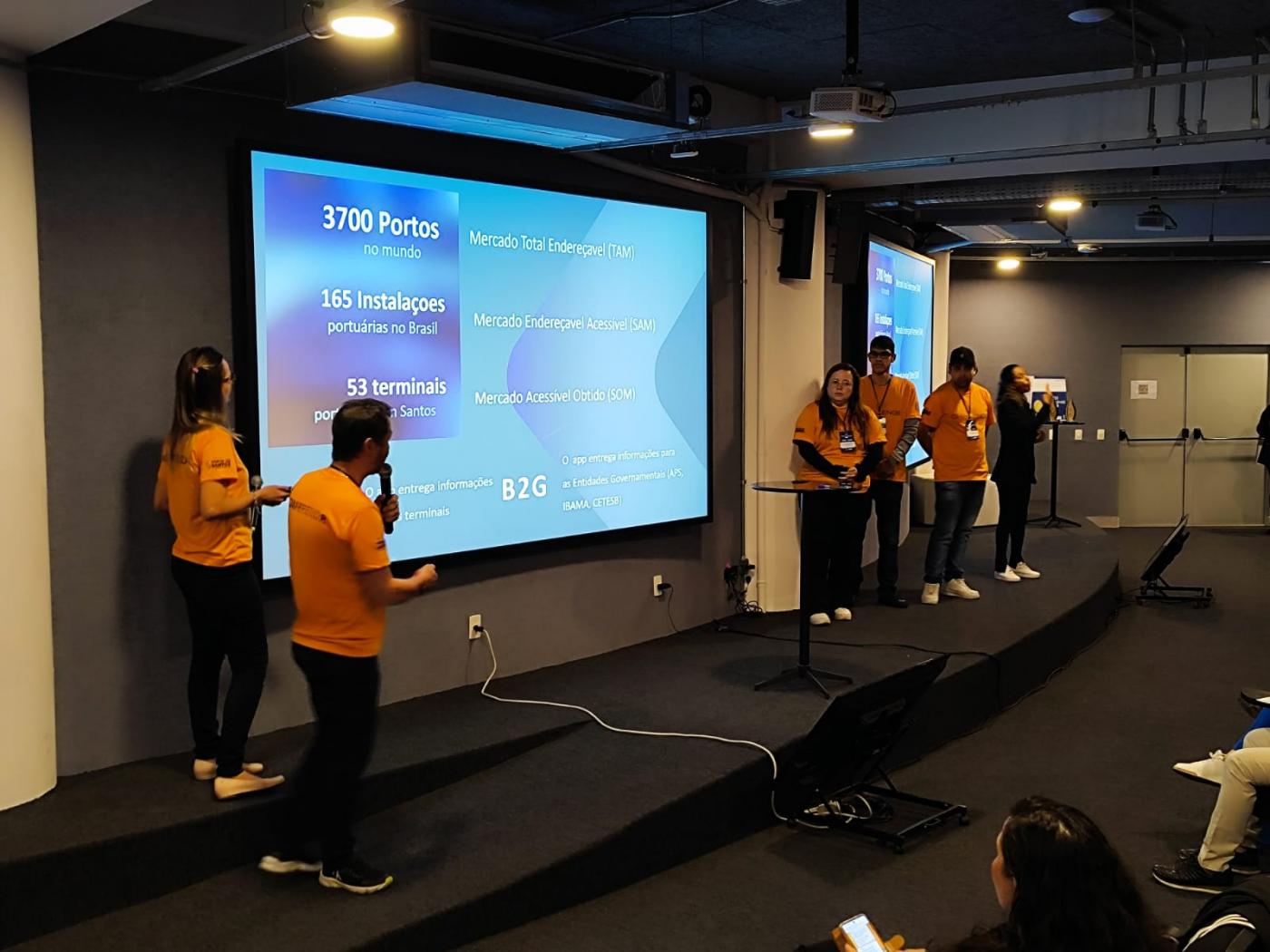 Cinco jovens estão em um palco apresentando um trabalho. Ao fundo um telão reproduz mensagens. #paratodosverem 