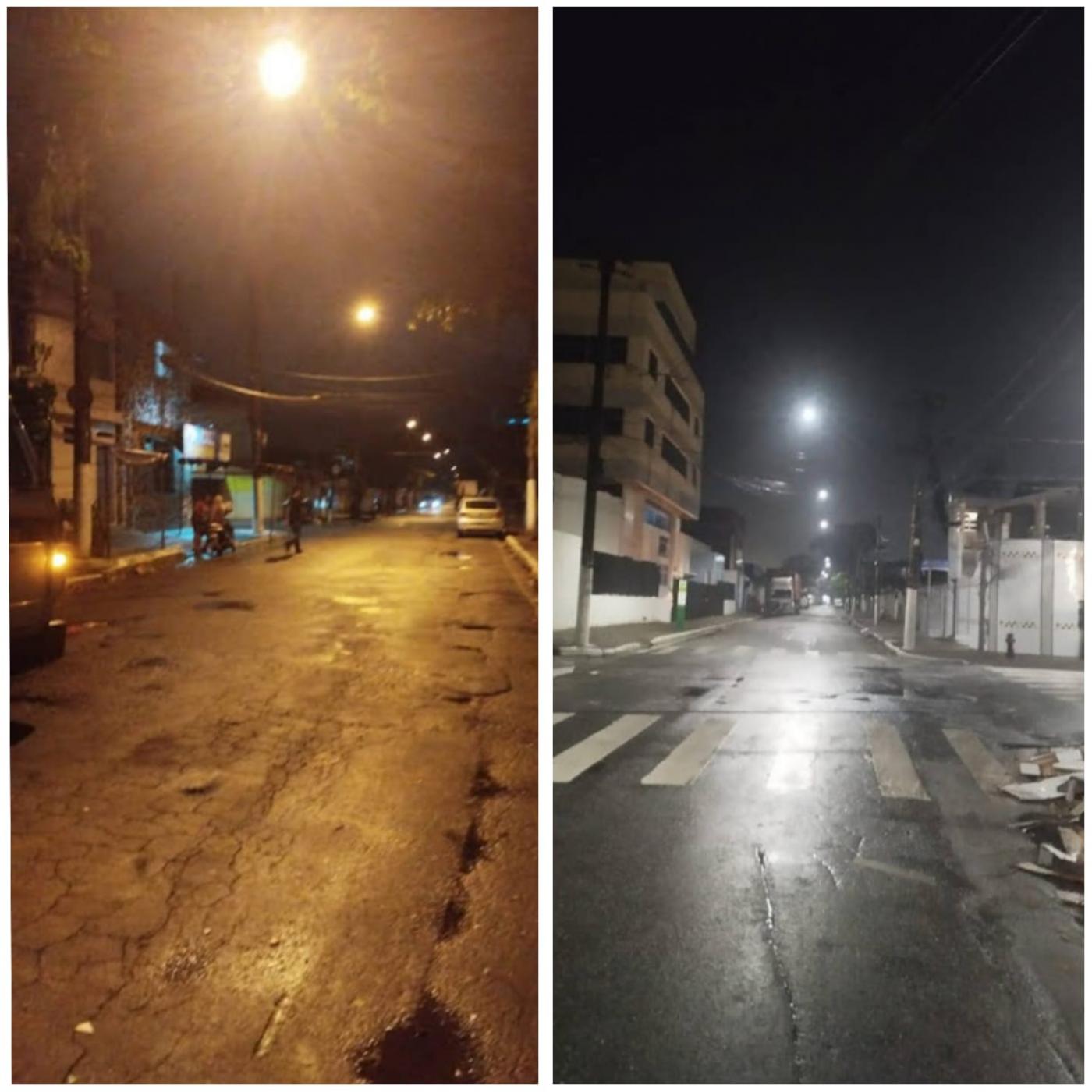 antes e depois em rua com nova iluminação #paratodosverem