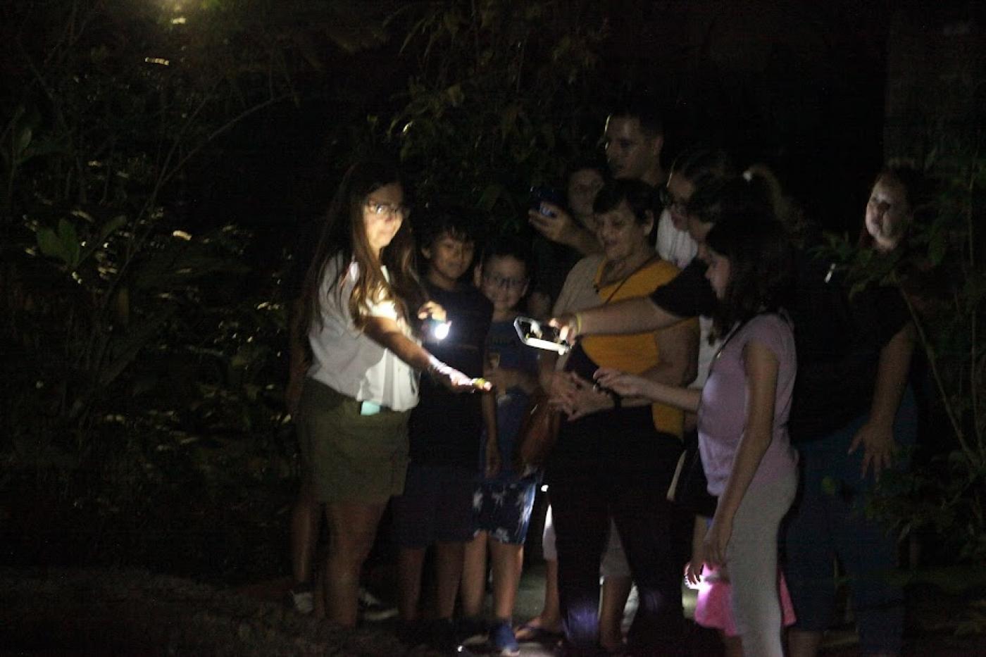 Grupo de crianças e adultos reunidos observando algo que está na palma da mão da educadora. É noite. Lanternas e luzes de celulares estão acesas. #paratodosverem 