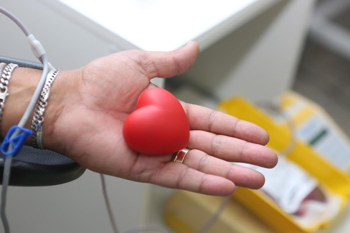 palma de mão aberta segura bola antiestresse (para apertar e estimular bombeamento de sangue) em formato de coração. #paratodosverem 