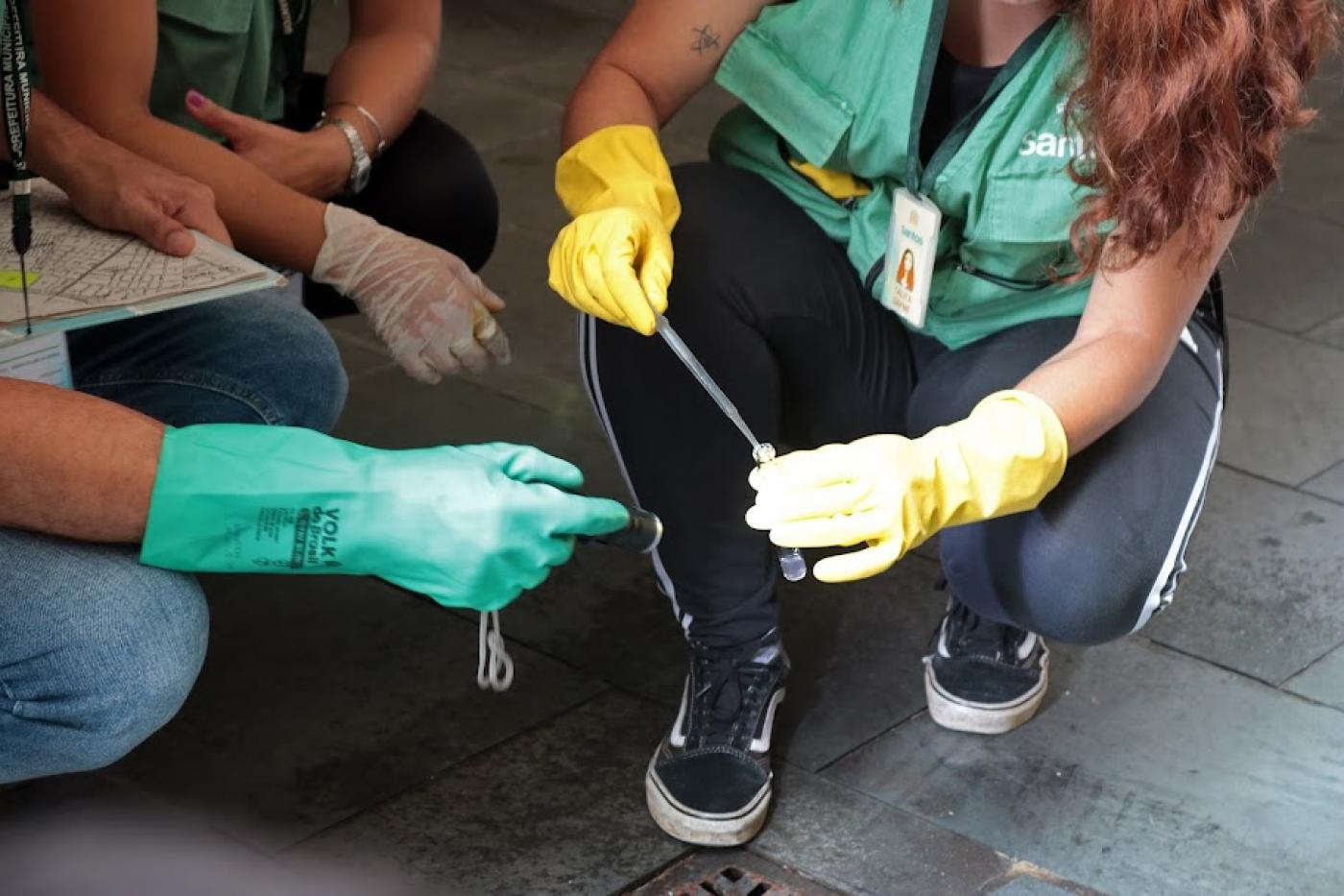 agentes da dengue estão agachados manipulando pipeta e tubo de ensaio para recolher foco de mosquito. #paratodosverem 