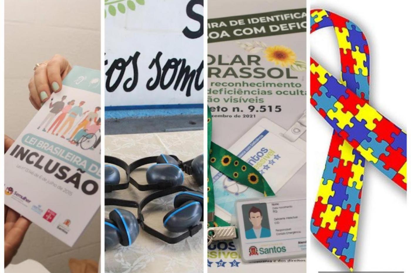 mosaico de fotos de abafador, colar girassol e laço do autismo. #paratodosverem