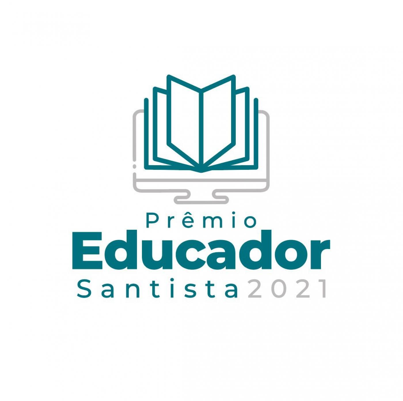 logotipo do prêmio com desenho de livro aberto. Abaixo se lê Prêmio Educador Santista 2021