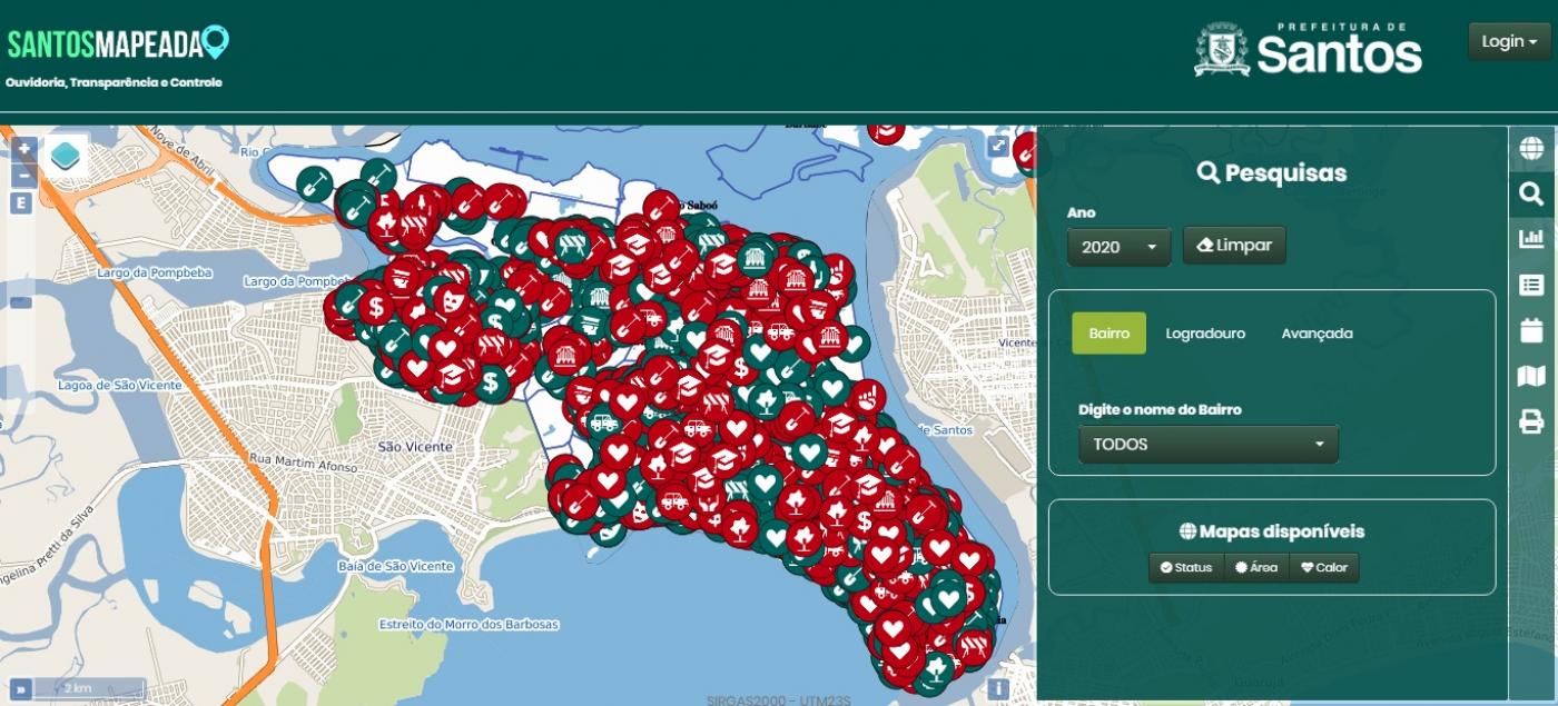 Mapa de Santos em tela com várias marcações. #Paratodosverem