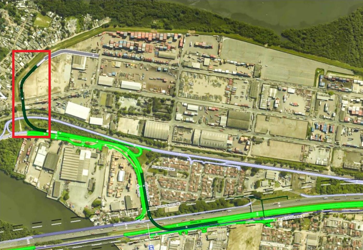 mapa da entrada da cidade e área retroportuária, com demarcação do local onde poderá ficar nova rota. #paratodosverem