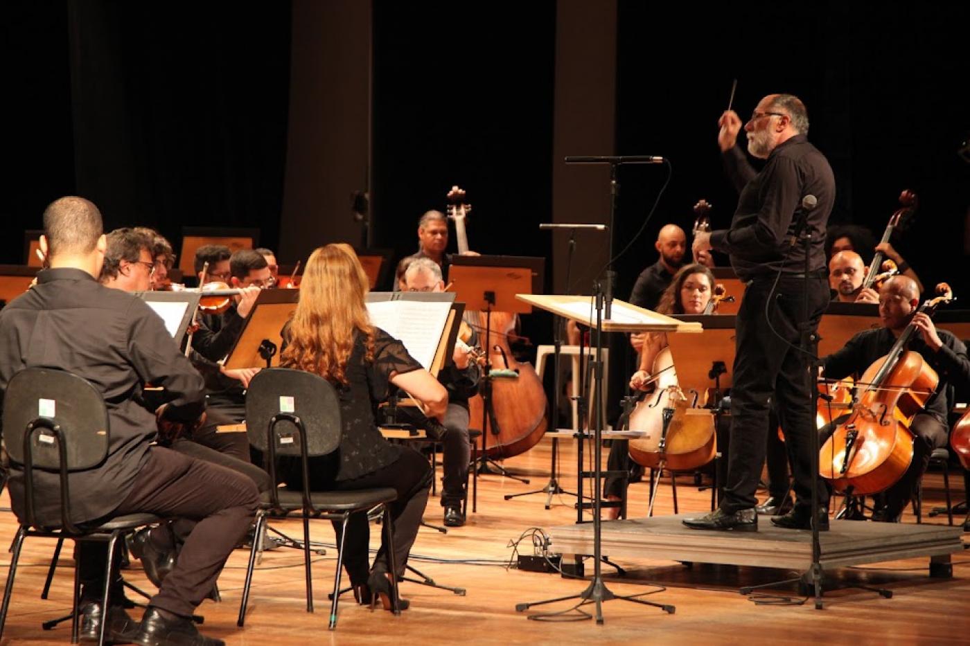músicos de orquestra com maestro à frente. #paratodosverem 