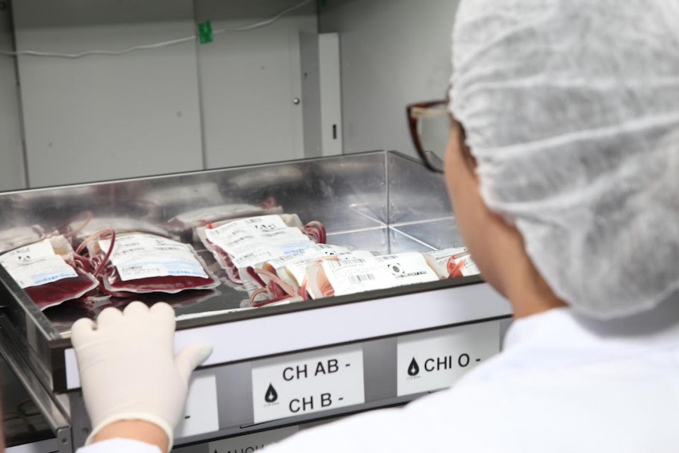 mulher está de costas segurando gaveta aberta com bolsas de sangue. #paratodosverem 