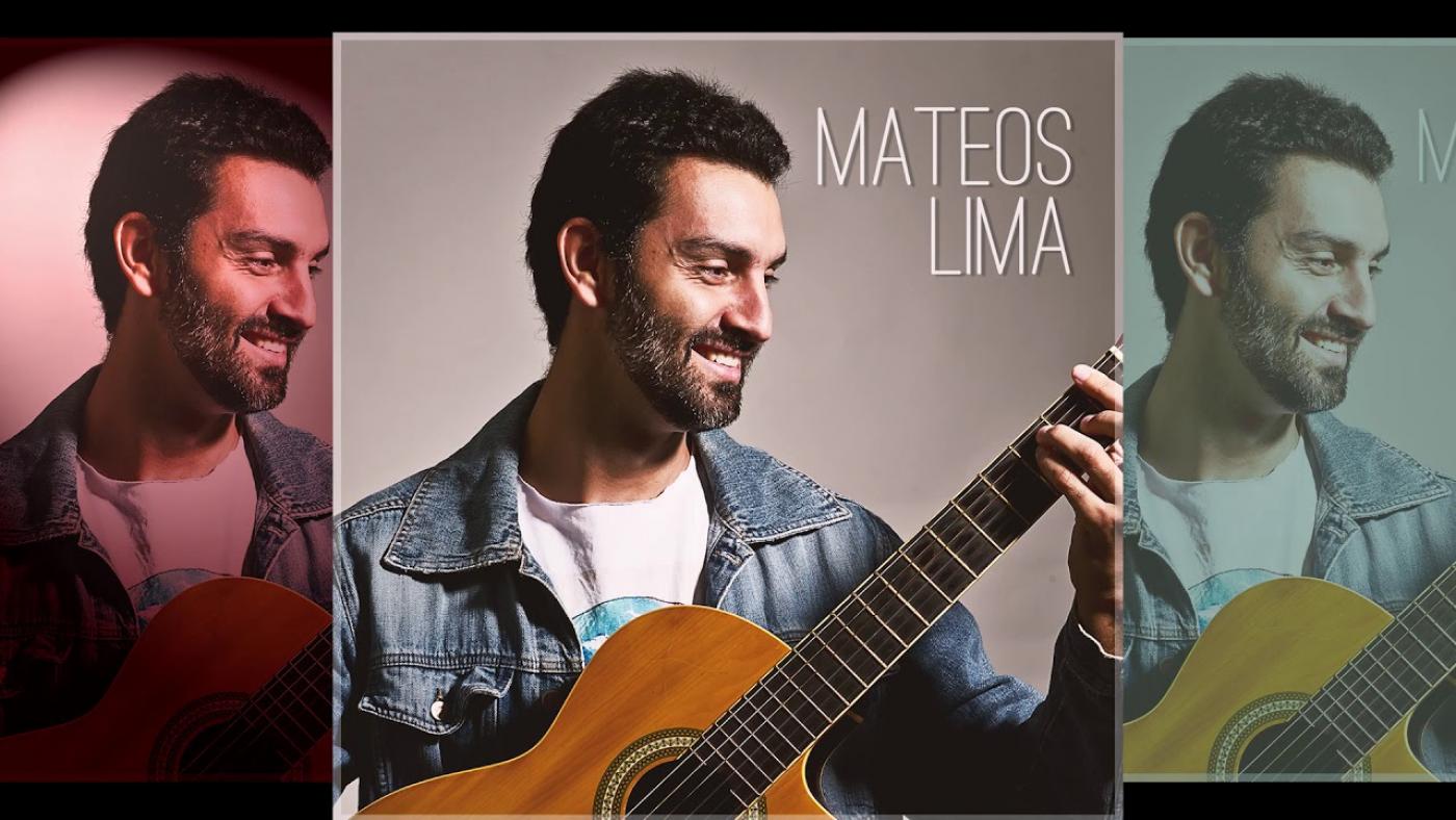 Mateos Lima, em três imagens na sequência, tocando violão. #Pracegover