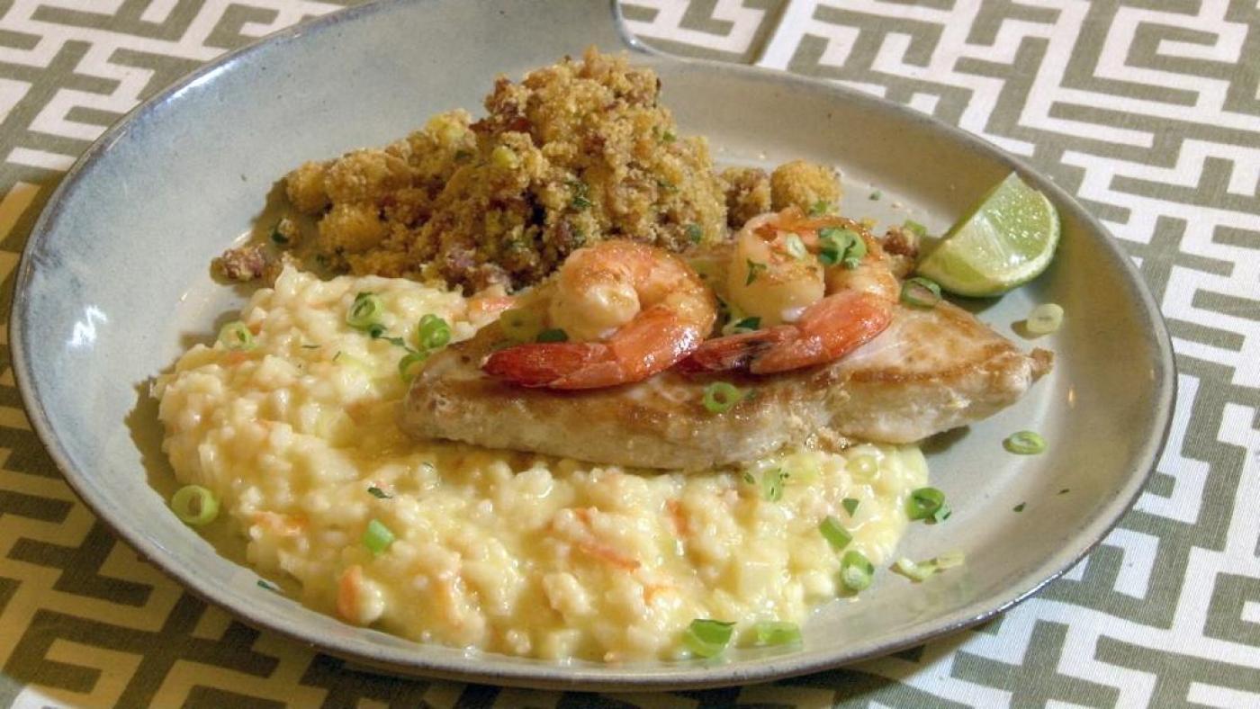 meca santista, com risoto, posta de peixe e camarão, além de farofa. #partodosverem