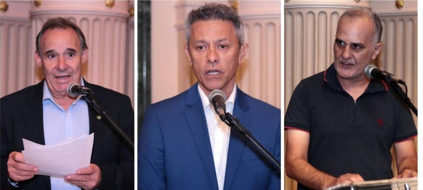 três personalidades em mosaico. O médico, o dentista e o veterinário. #paratodosverem 