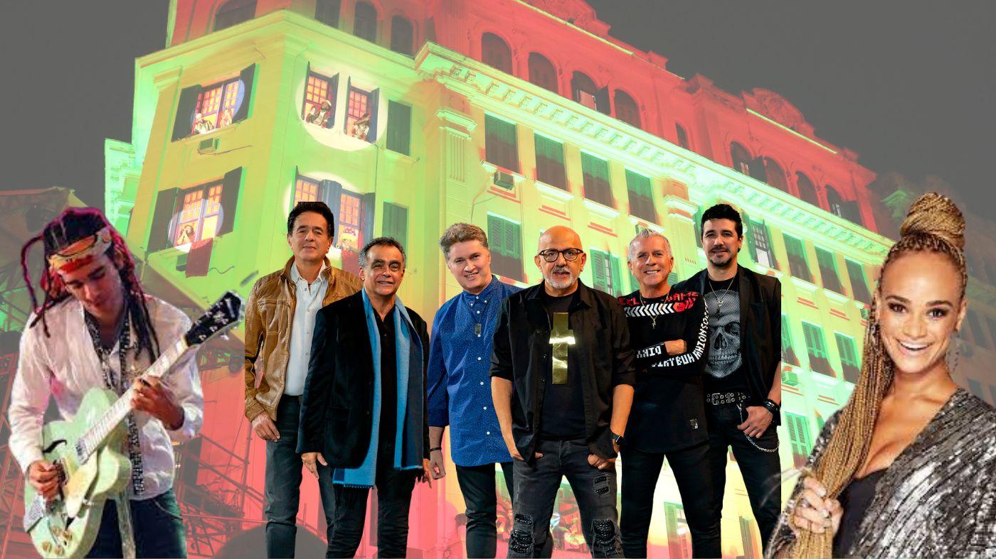 composição com fotos de max de castro, roupa nova e luciana lima diante do atlântico hotel. #paratodosverem 