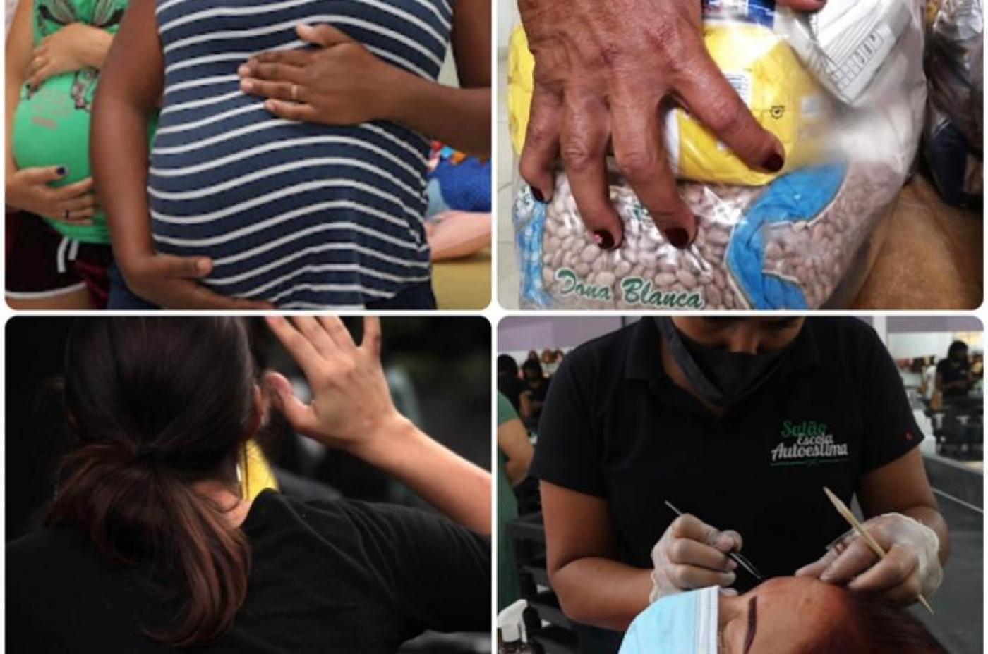 quatro fotos de mulheres. Uma gestante, uma segurando cesta básica, uma se defendendo e outra fazendo a sobrancelha e uma. #paratodosverem