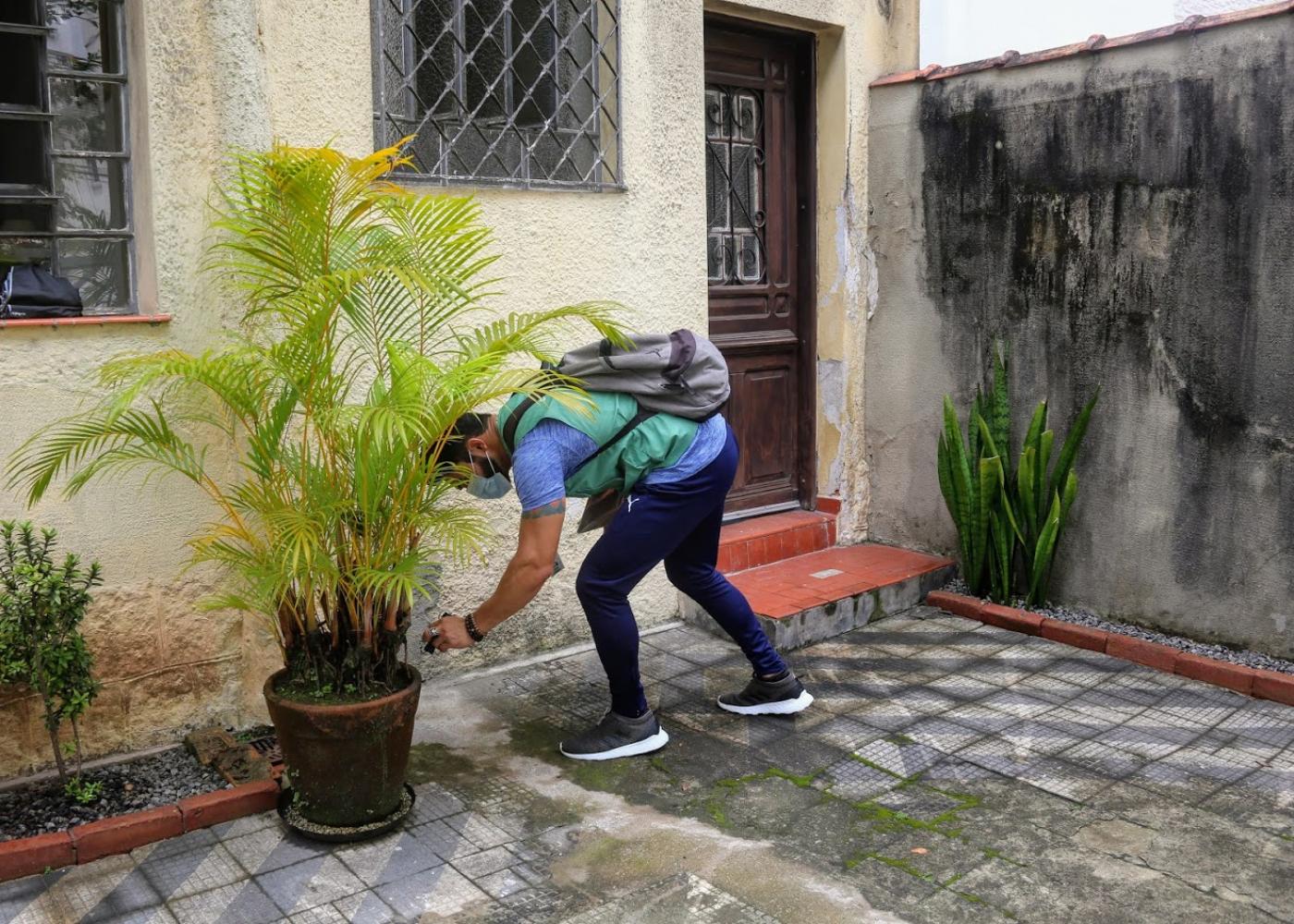 Homem está no jardim de uma casa. Ele se curva diante de um vaso com uma lanterna para checar se há presença de larvas. #Paratodosverem