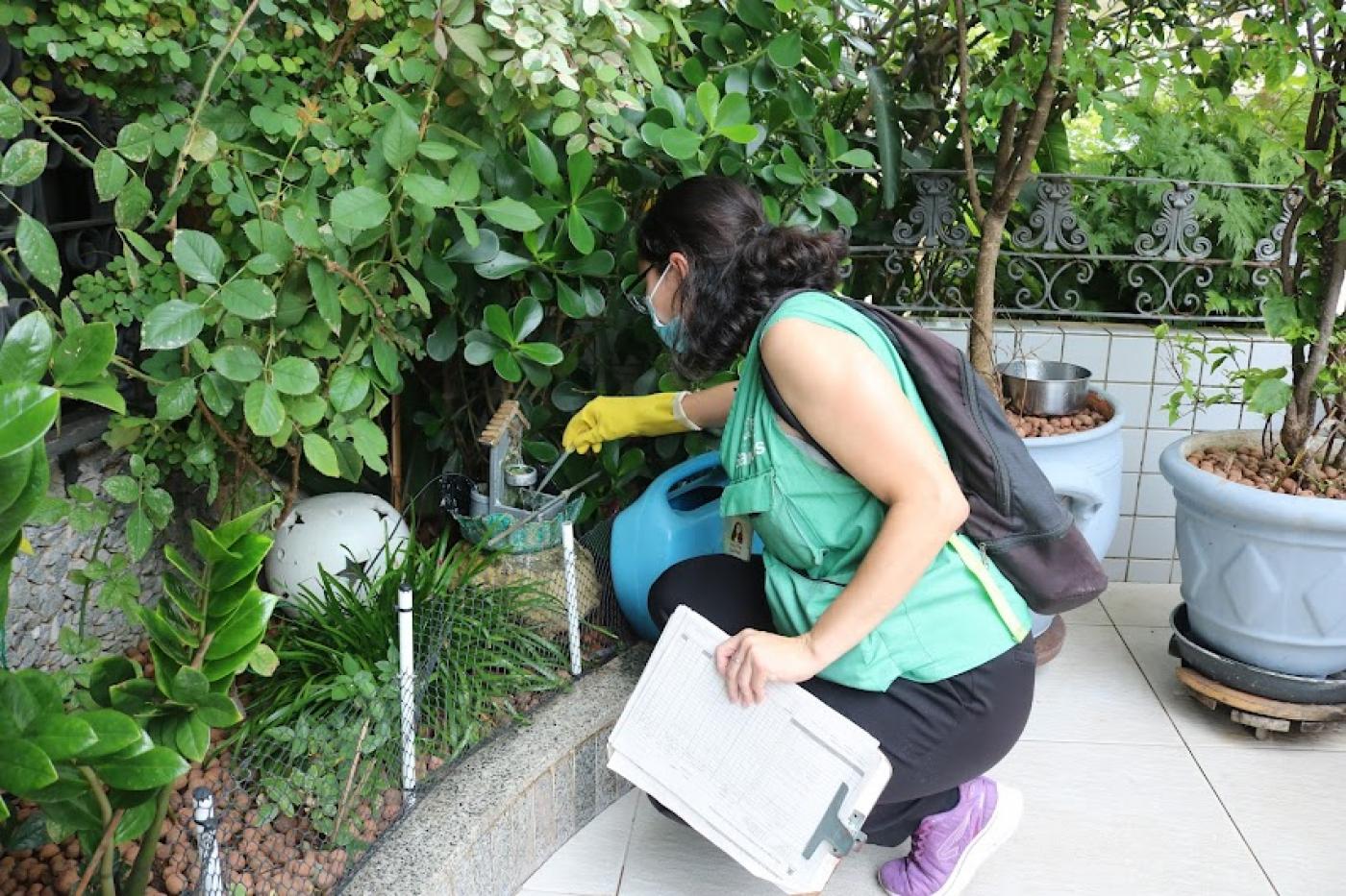 agente está agachada junto a um jardim mexendo em vaso em busca de larvas de mosquito. Ela usa luva na mão que mexe no jardim. Em outra mão, uma prancheta. #paratodosverem