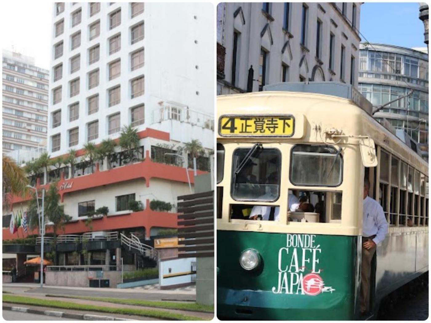 duas fotos lado a lado: a imagem de um hotel na avenida ana costa em Santos e o bonde no Centro histórico