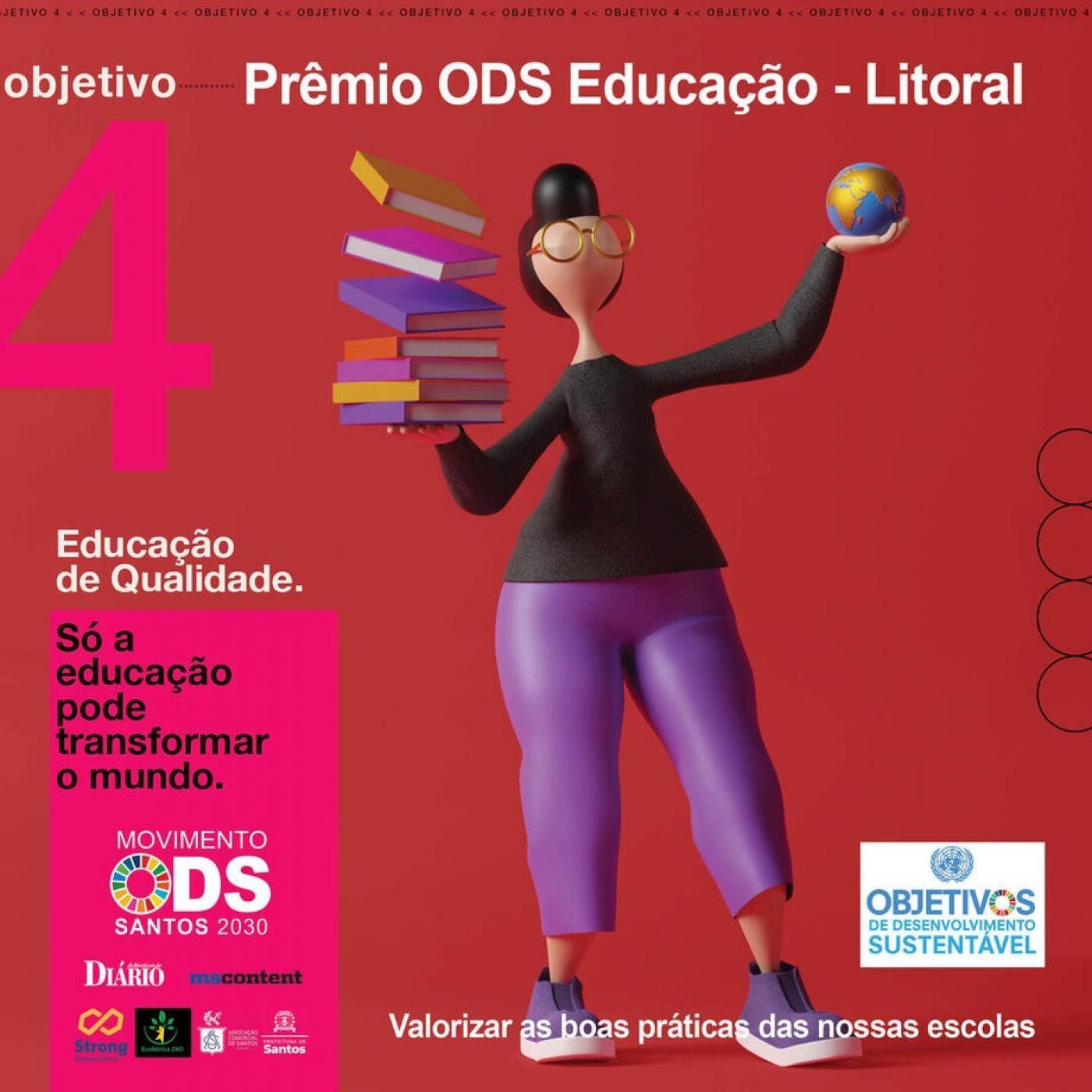 cartaz chamando para inscrições do prêmio. Há um boneco segurando livros com uma mão e um pequeno universo na outra. #paratodosverem 