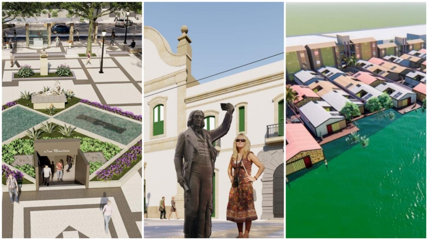 jogo de imagens lado a lado, com o centro cultural na praça mauá, a estátua de josé bonifácio e o parque palafitas. #paratodosverem