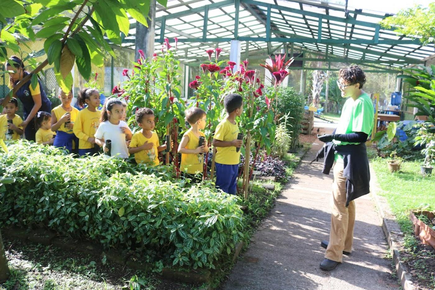 crianças em estufa de plantas.  #paratodosverem