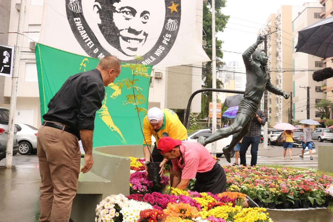 dois homens enterram muda de árvore no solo junto a florres. Ao fundo, uma bandeira com a imagem de pelé, e ao lado direito, a estátua do Rei. #paratodosverem