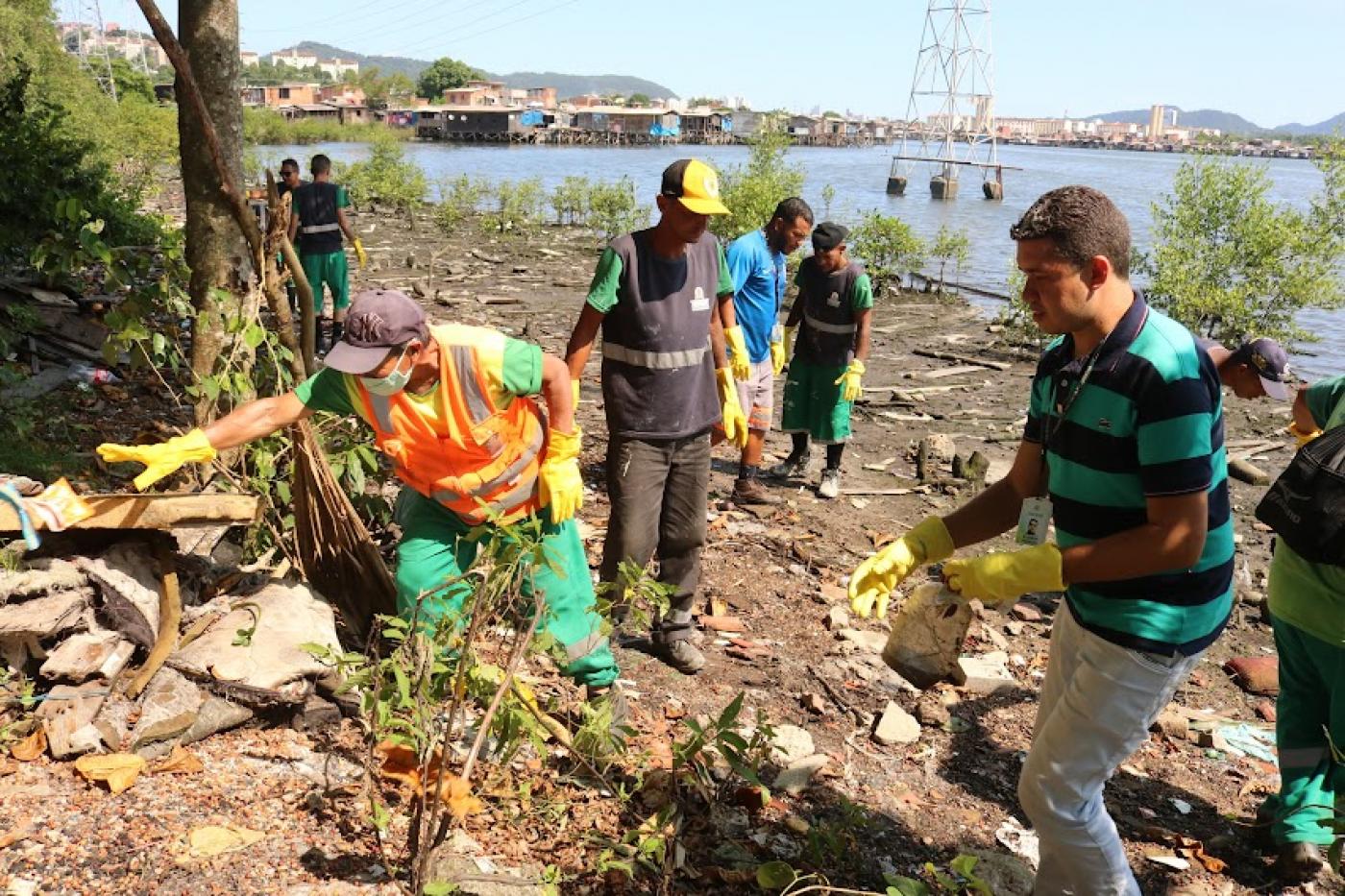 homens estão recolhendo detritos em área de mangue. Todos usam luvas. #paratodosverem 