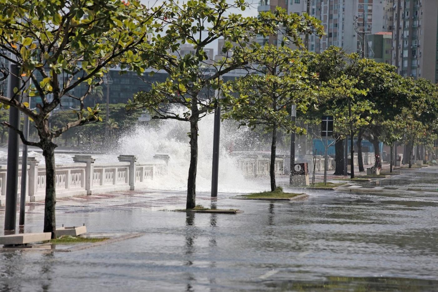 imagem na orla de água no calçadão da avenida junto a árvores e a mureta. #paratodosverem