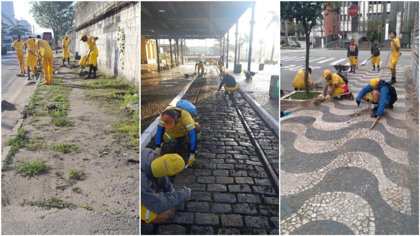 três imagens de trabalhadores capinando e raspando ruas e calçadas #paratodosverem