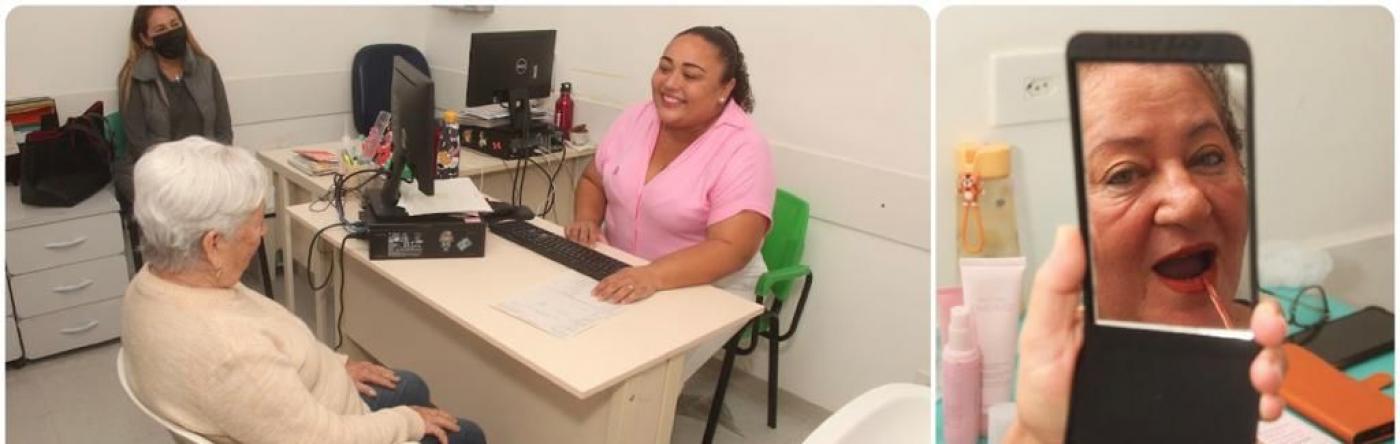 enfermeira atende mulher em sala. ambas conversas.  Em composição de foto ao lado, um espelho reflete a imagem de uma mulher que passa batom nos lábios. #paratodosverem