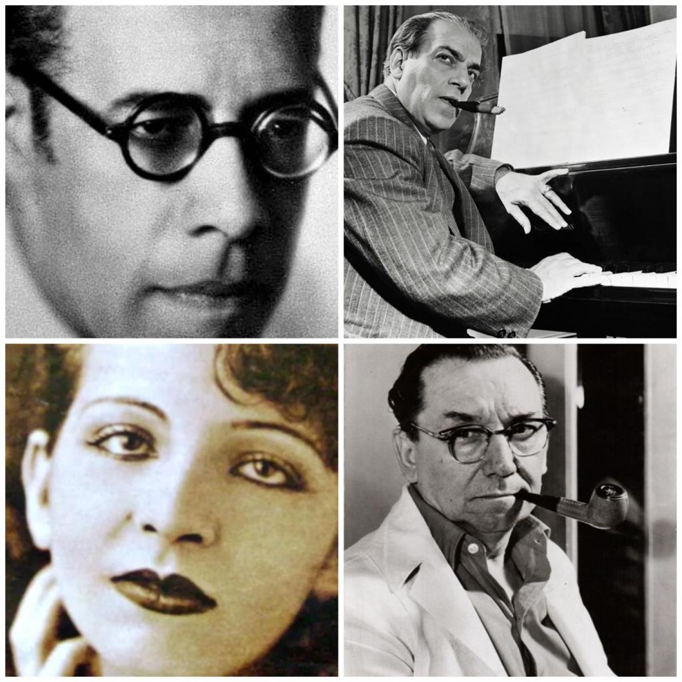 Da esquerda para a direita, do alto para baixo: Mario de Andrade, Heitor Villa-Lobos, Cândido Portinari e Patrícia Galvão