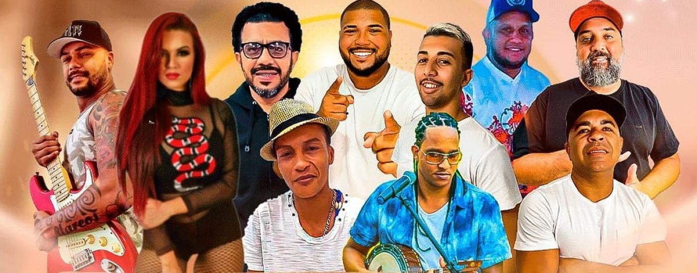 composição com 10 pessoas. Do lado esquerdo para o direito, Max Pontes e Jully. Ao lado, oito integrantes do grupo de samba. #paratodosverem