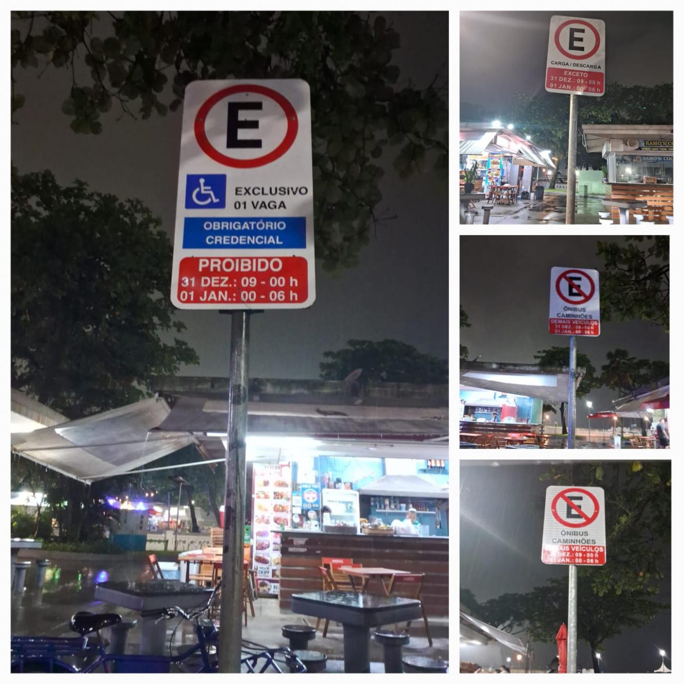mosaico de fotos com placas de trânsito na orla, todas indicando horário de funcionamento. #paratodosverem 