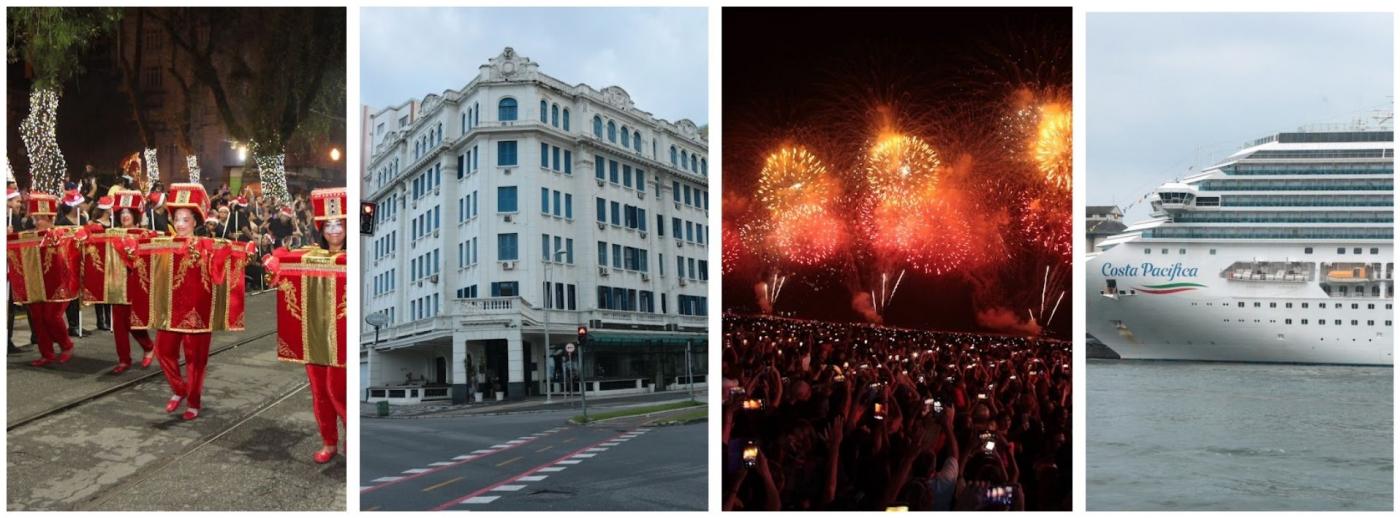 mosaico de fotos com parada de natal, fachada de hotel, queima de fogos e um navio de cruzeiros. #paratodosverem 