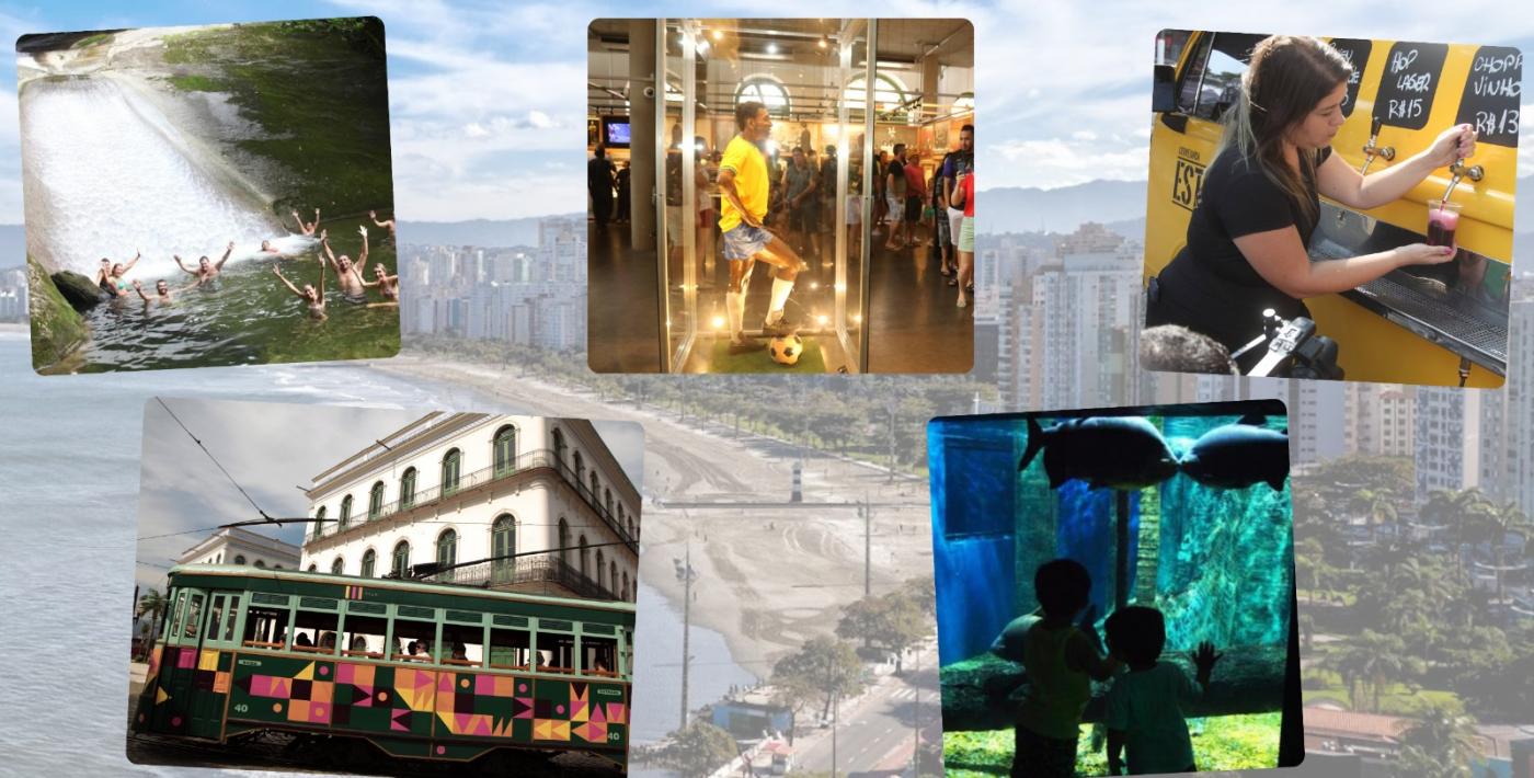 montagem mostra a praia e na frente outras atrações de santos #paratodosverem