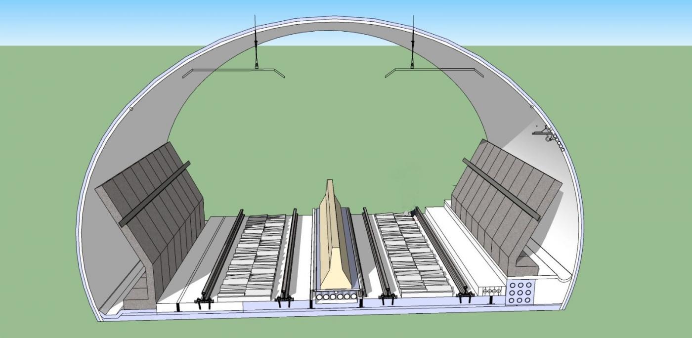 arte do túnel com barreiras entre trilhos e no meio. #paratodosverem