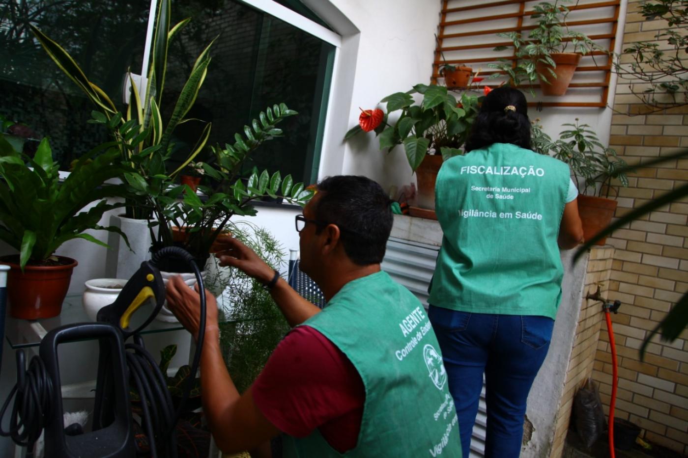 agentes olham vasos com plantas #pracegover 