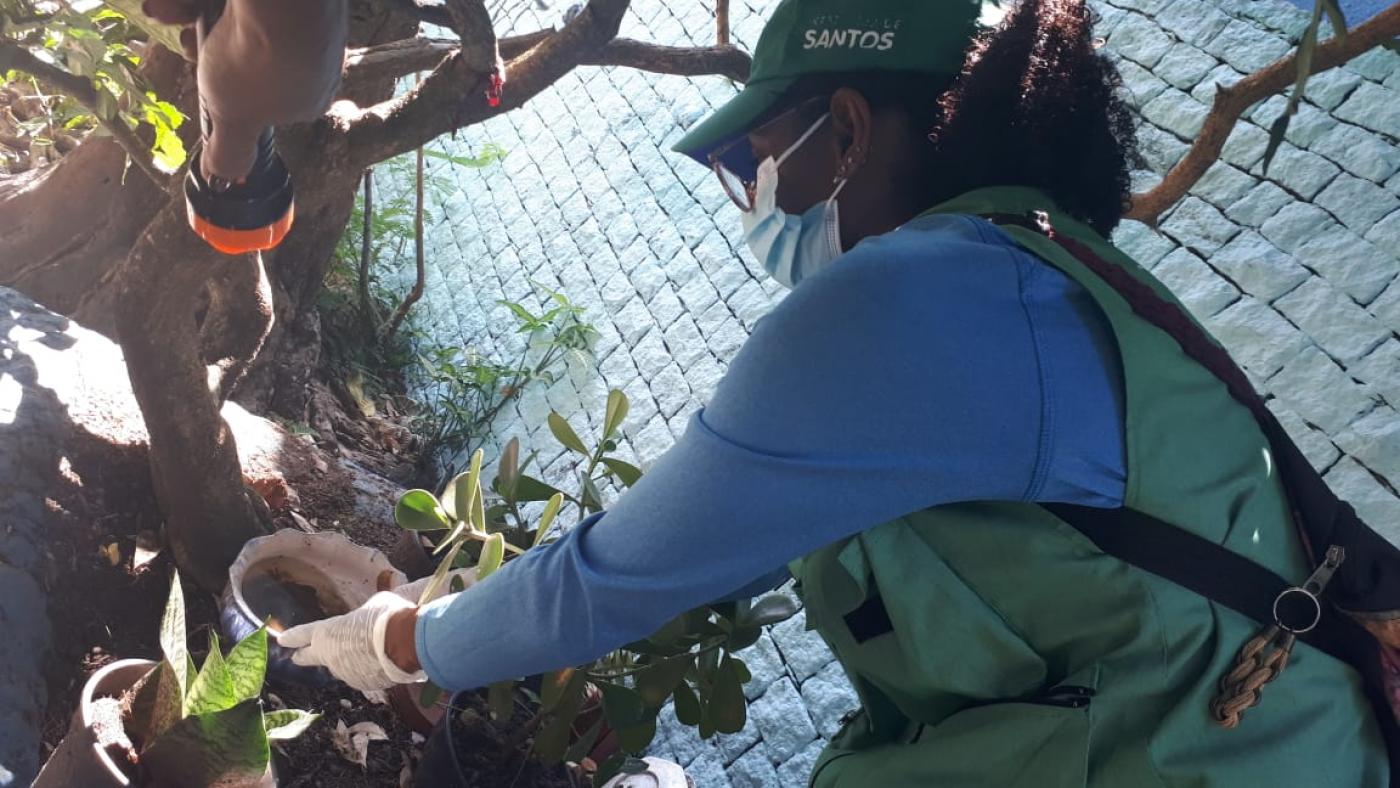 mulher com máscara, boné e luvas mexe em vaso de planta #paratodosverem