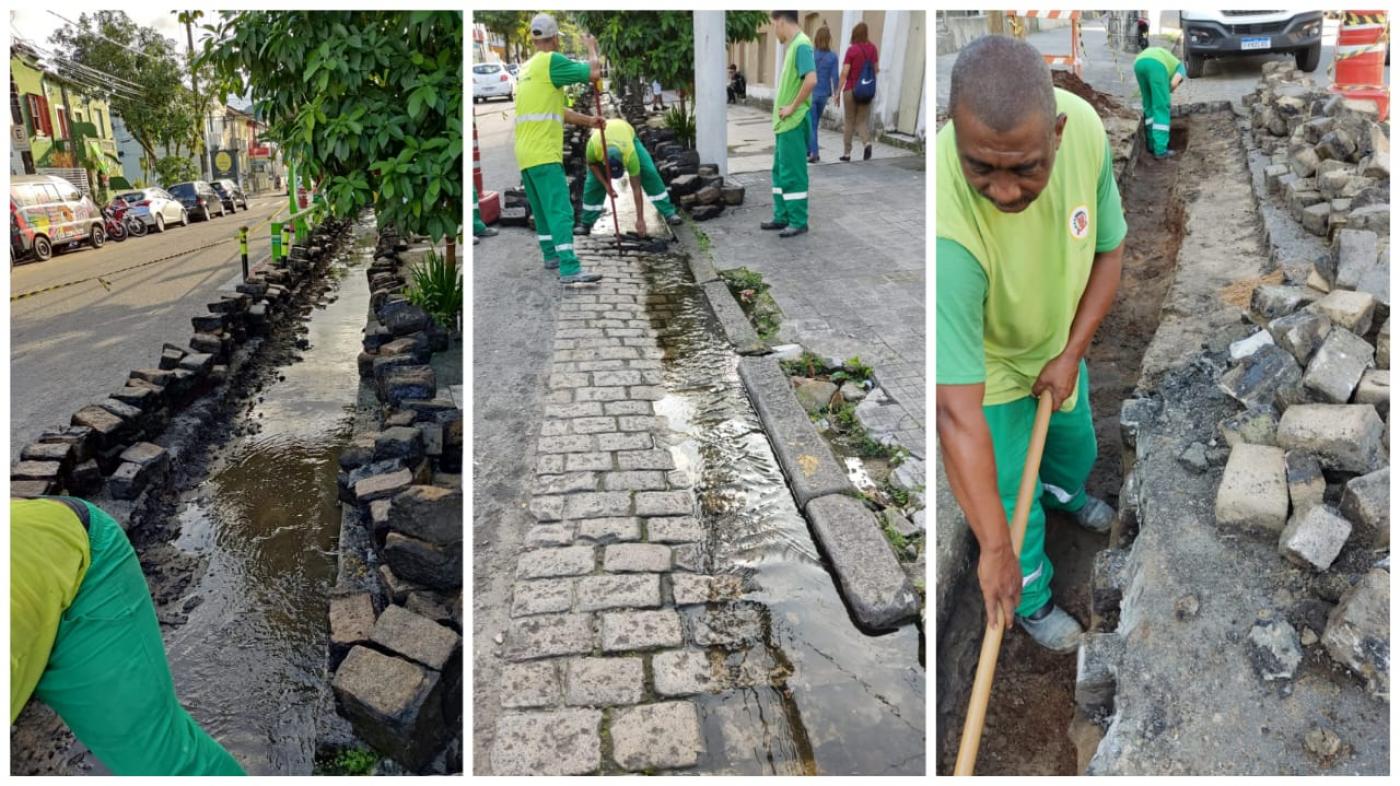 três imagens com obras nos paralelepípedos das ruas #paratodosverem