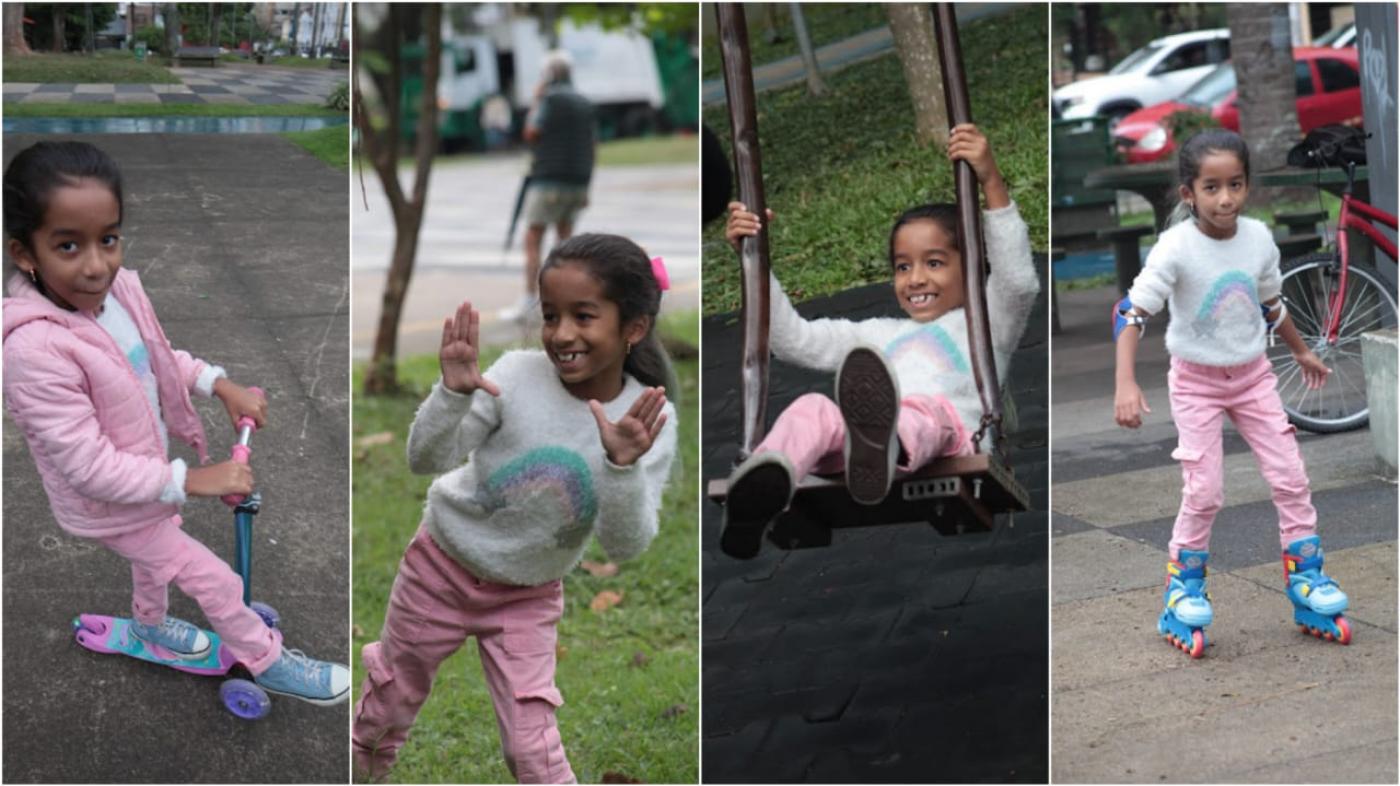 imagens da criança brincando com patinete, patins e no balancê #paratodosverem