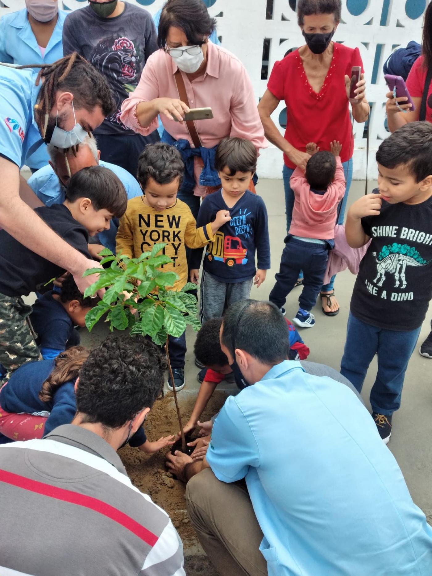 adultos e crianças agachados plantando árvore #paratodosverem