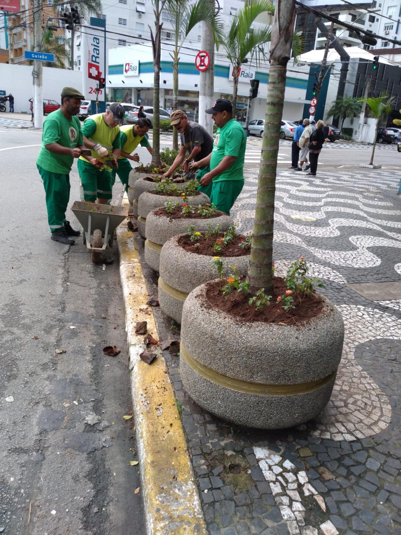 jardineiros trabalham nos vasos da praça #paratodosverem