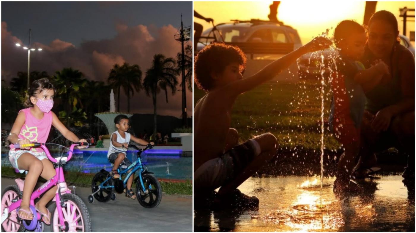 duas imagens, uma duas crianças andando de bicicleta e na outra criança e mãe com criança de colo brincando em fonte #paratodosverem