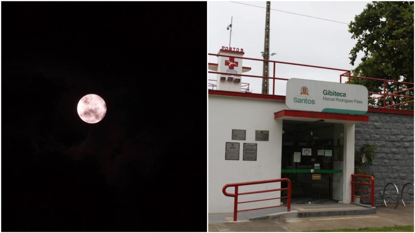 imagem da lua, a noite, e ao lado, da fachada da gibiteca #paratodosverem